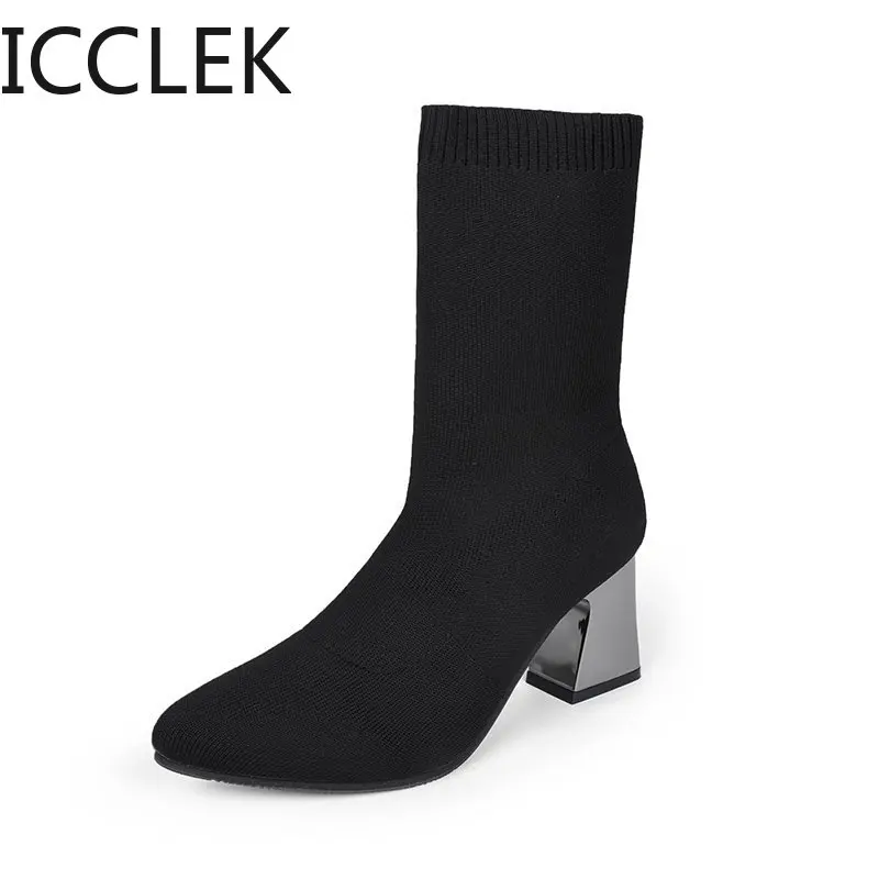 Women Boots High Heels Over The Knee Boot Knitting Socks Booties Stretch Fabric Thigh High Boots Woman Shoes High Heels Sexy