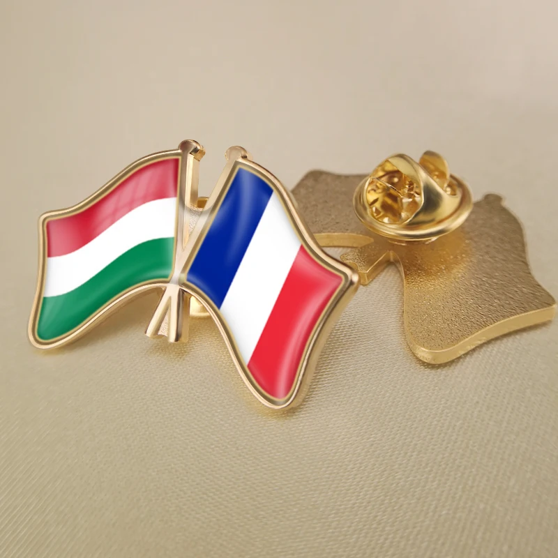 Hungary and France Crossed Double Friendship Flags Lapel Pins Brooch Badges