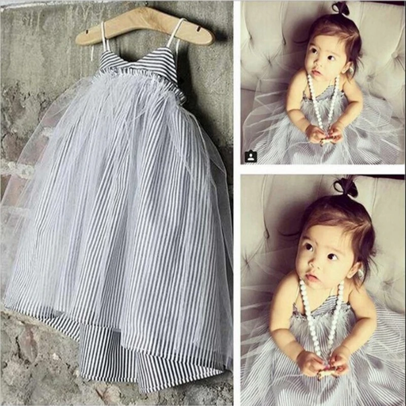 

Summer Girls' Striped Mesh Dress Baby Girls' Strappy Dress Ball Gown Vacation Beach Dress For 1-6Y Children Girls Gift