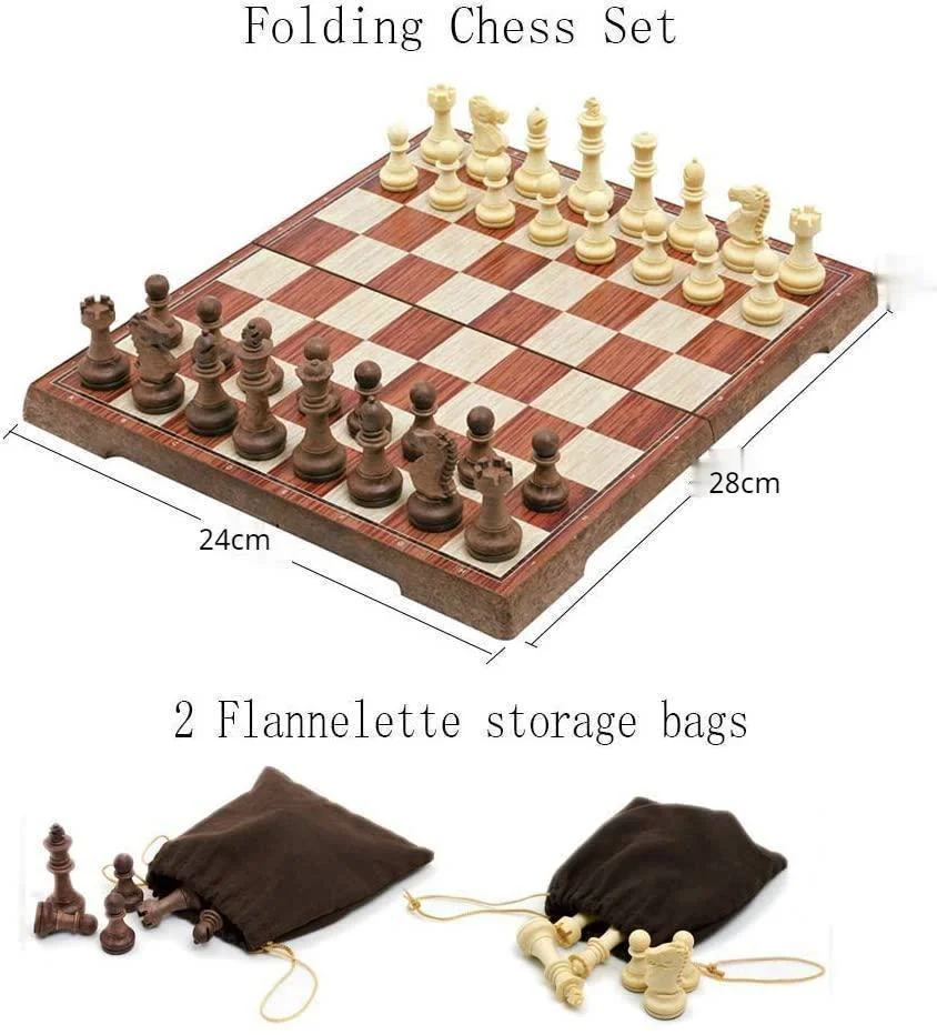 Magnetic Folding Chess Set 28*24 CM Chess Board Portable Travel Chess Board Set Chess Pieces Storage with 2 Flannelette Bags