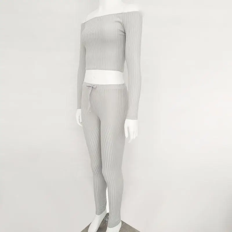 New Sexy Cotton Two Pieces Set Women Club Wear Slash Neck Crop Tops And Pencil Pant Long Sleeve Two Pieces Outfits