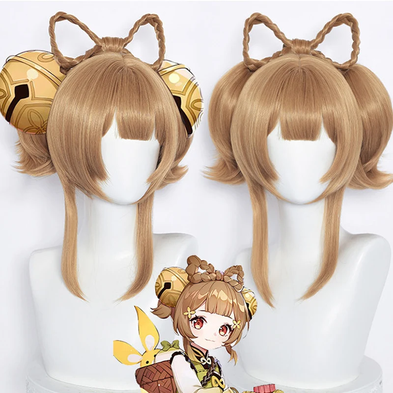 

Aниме Game Genshin Impact Kamiri Yaoyao Cosplay Wig Golden Short Hair Cute Loli Girl Adult Ladies Headdress Bow Ponytail парик