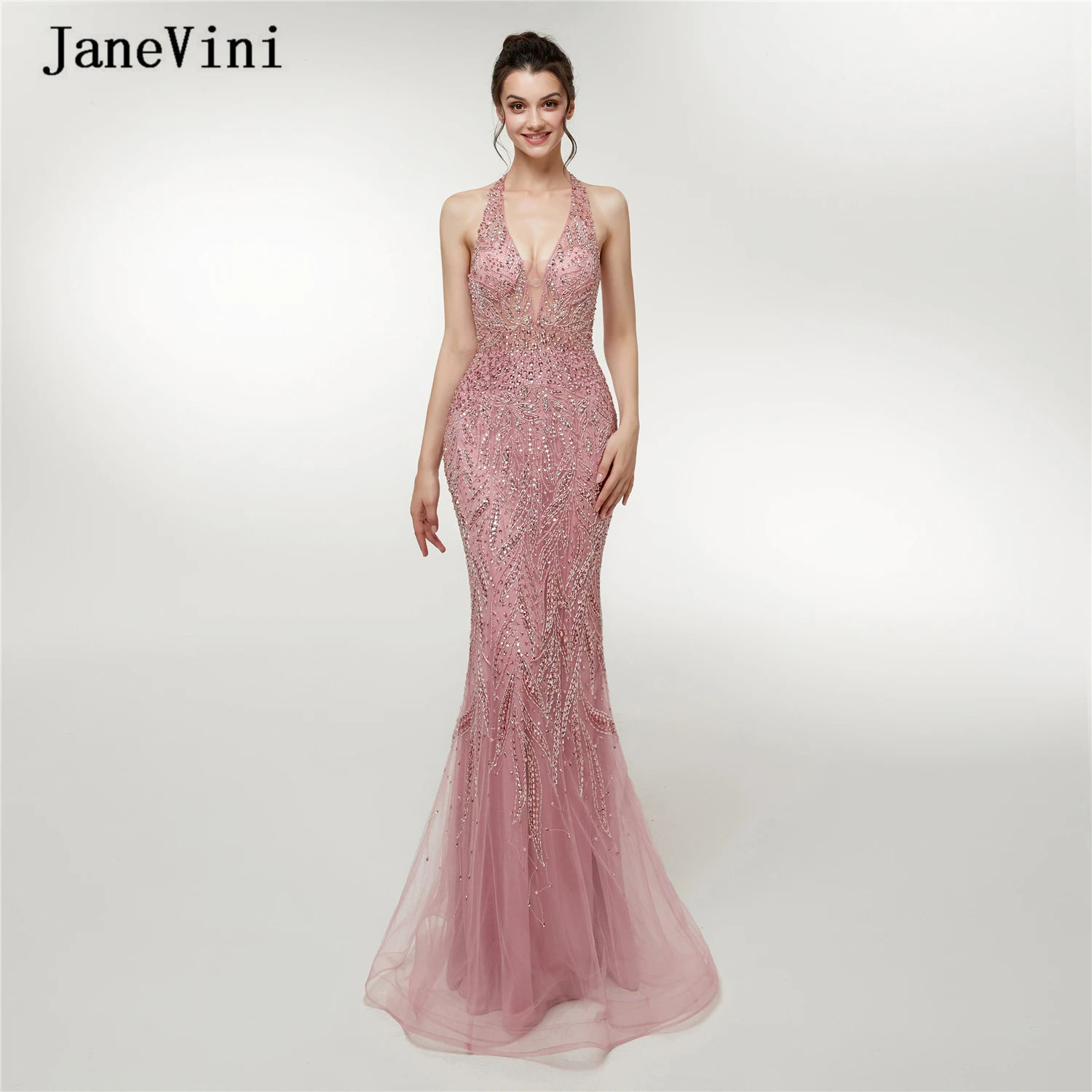 

JaneVini Luxury Heavy Beading Dubai 2019 Evening Dress Long V Neck Sleeveless Arabic Sexy Mermaid Tulle Dresses Vestido Largo