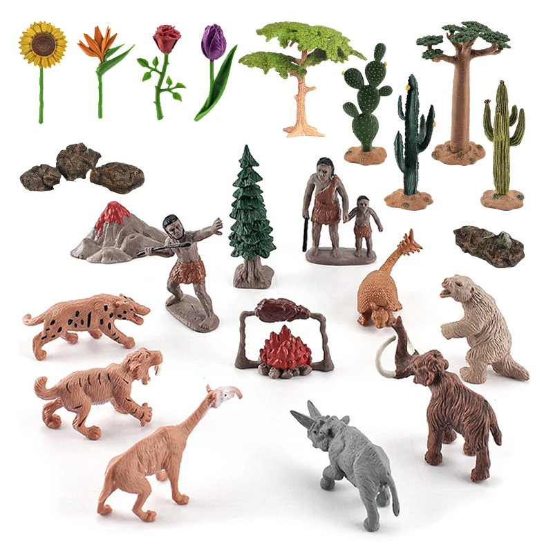 Kids Mini Simulation Toy Figures Prehistoric Animals Primitive Tribe Model Flowers Plant Cactus Tree Stone Education Action Toy