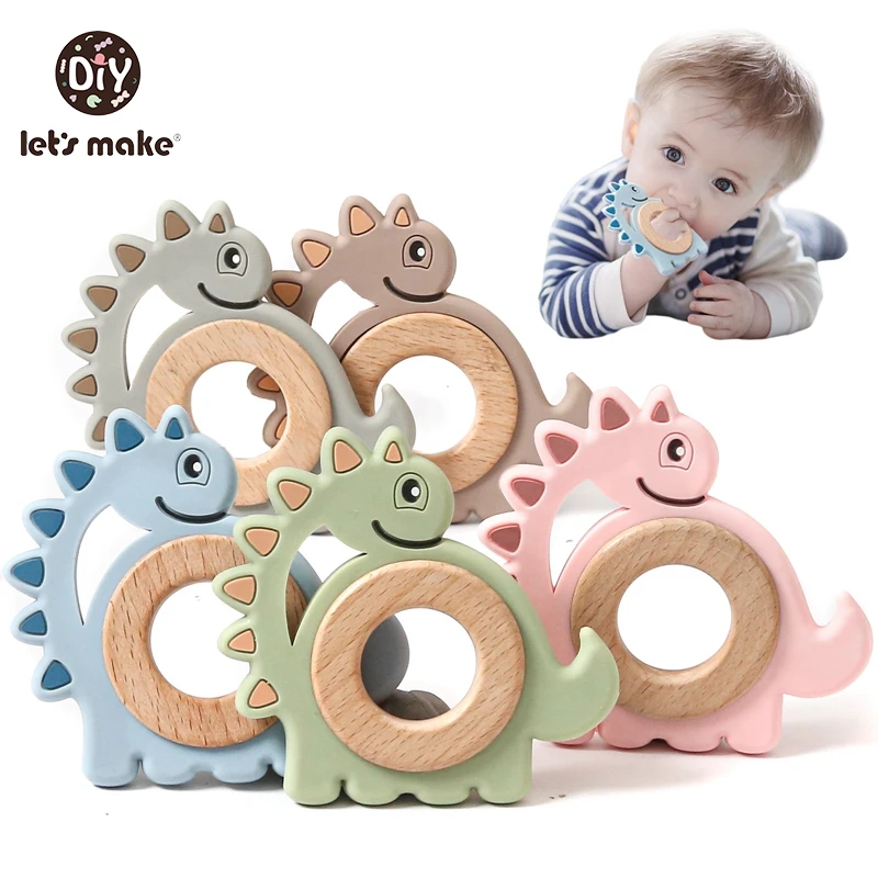 Let\'s Make Dinosaur Silicone Wood Ring Teether Cute Animal Nursing Pendant Accessories Teething Toys Chew Toy Teether For Teeth