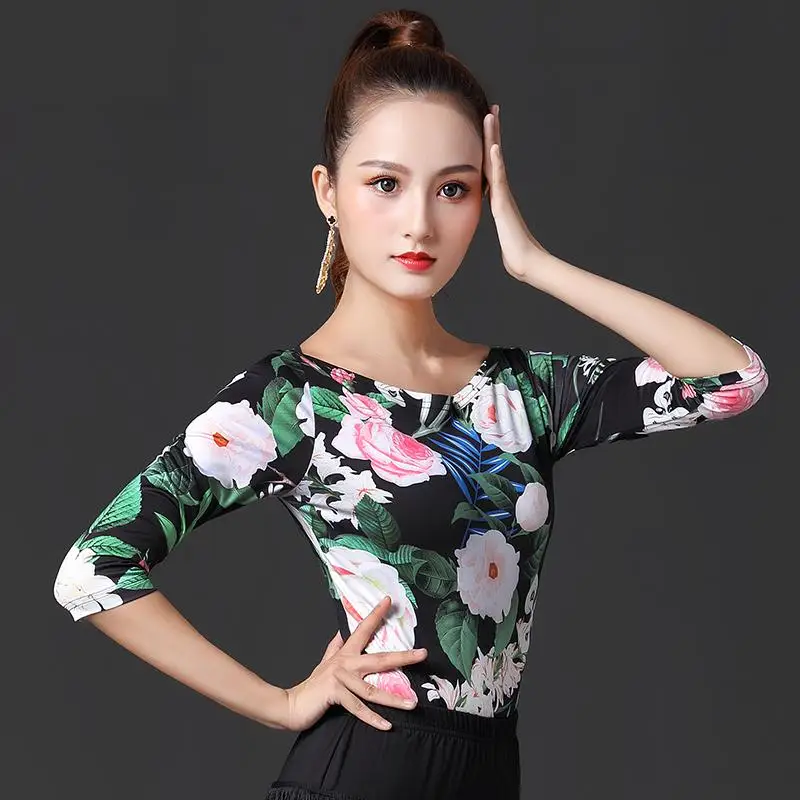 Autumn Latin Dance Performance Round Neck Shirt New Female Adult Print Tops National Standard Ballroom Dancing Practice Clothing