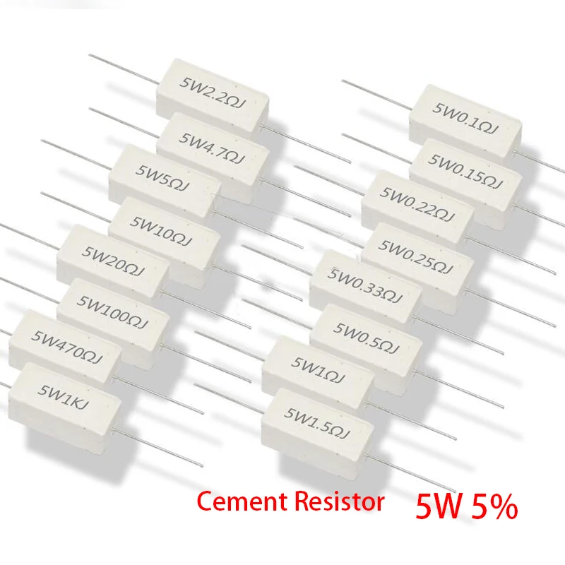 10szt 5W 5% Rezystor cementowy Rezystancja mocy 0.1 ~ 10K 0.1R 0.5R 1R 10R 100R 0.22 0.33 0.5 1 2 5 8 10 15 20 25 30 100 1K 10K ohm