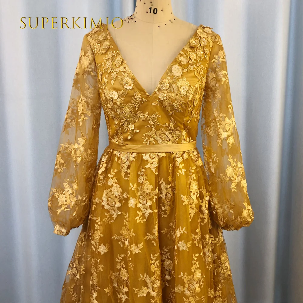 SuperKimJo Robe De Soiree Femme Golden Sparkly Tulle Prom Dresses 2021 Lace Applique Elegant Dubai Prom Gown 2022 Abendkleider