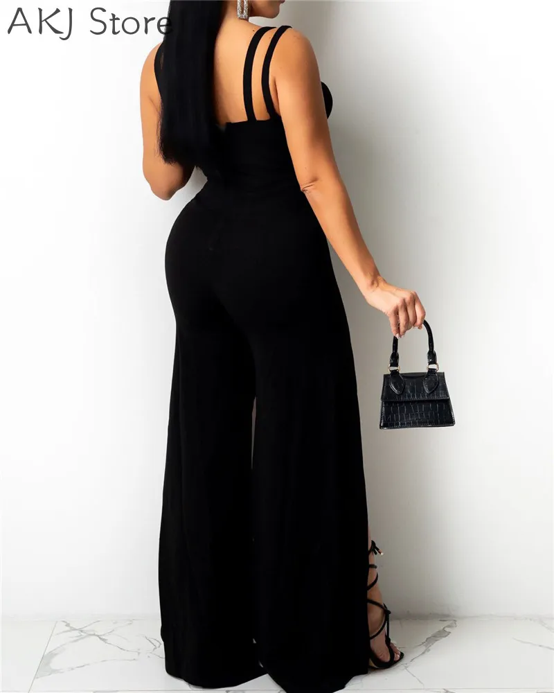 Women Sexy Solid Color Hollow Backless Skinny Jumpsuit Strap Romper Casual Pants Leg Slit Playsuit