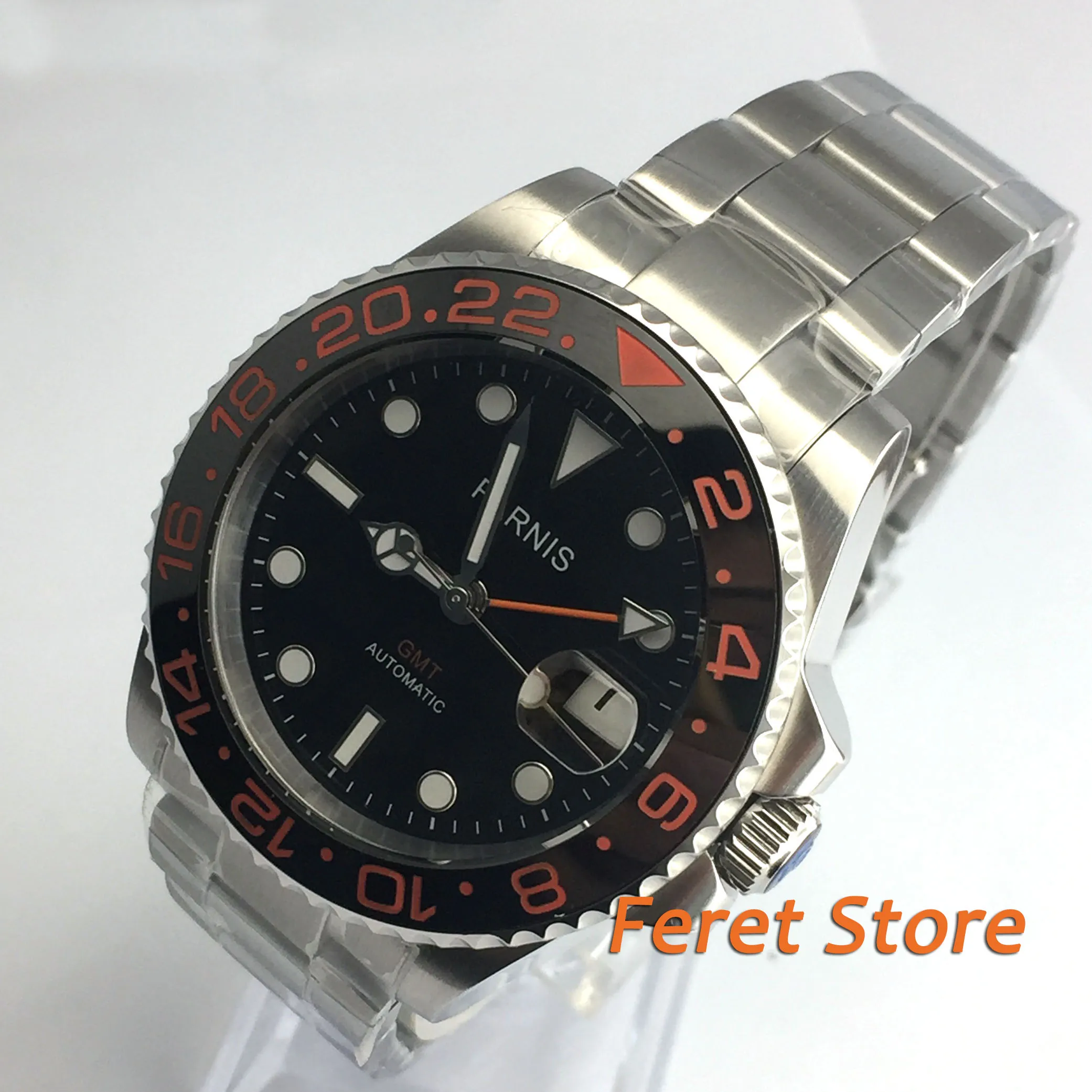 

40mm parnis black dial GMT luminous ceramic bezel sapphire glass automatic movement men's watch pa29