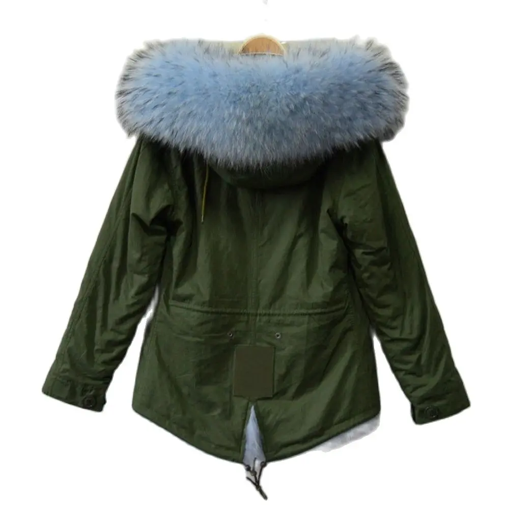 Sky Blue Fashion Women Winter Wear Real Fox Fur Mr&Mrs Wear Light Blue Real Thick Fox Fur Army Green Jacket