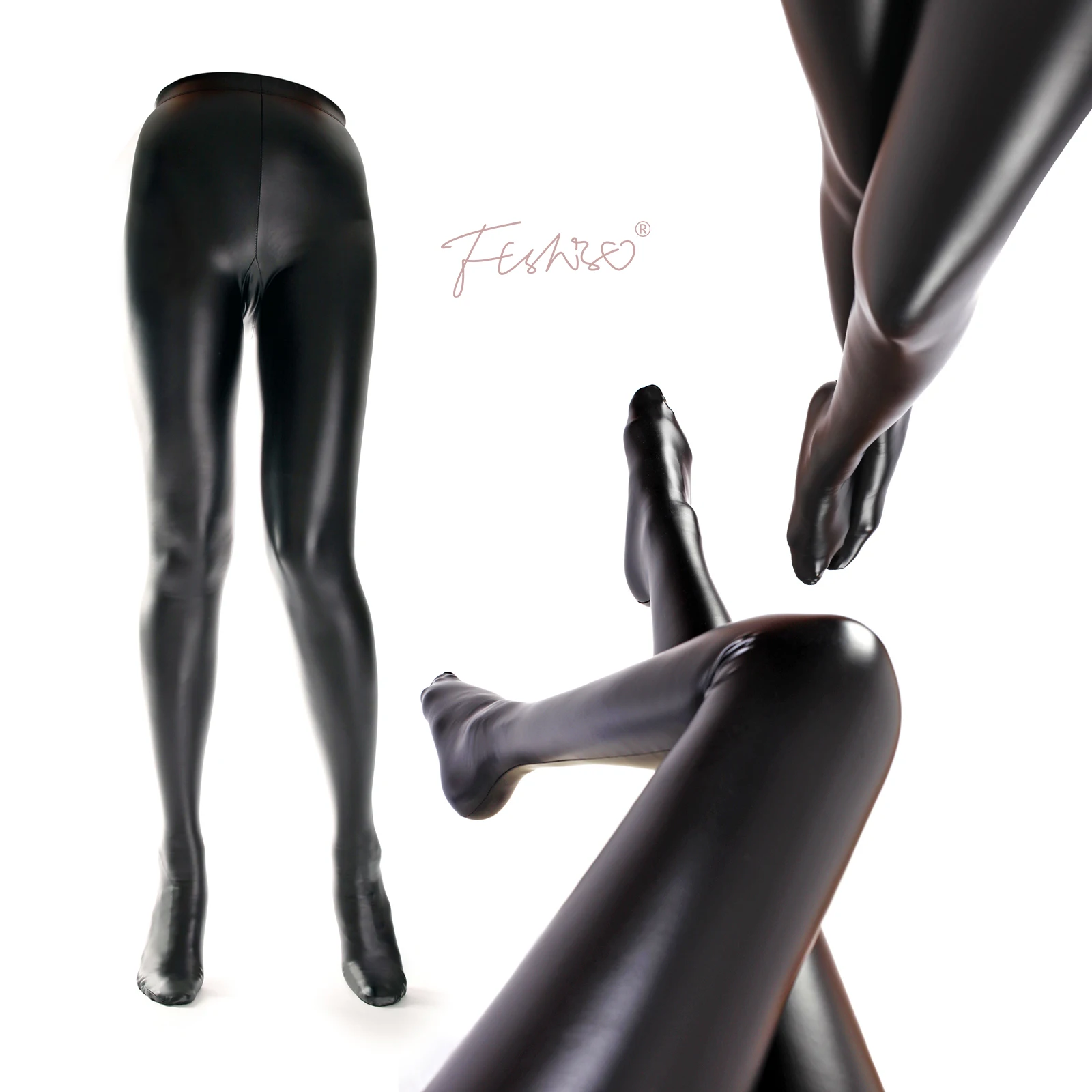 Ftshist Women\'s Matte Faux Leather High Waist Pantyhose Sexy Sheer Black Wetlook Elastic Footed Pants Fetish Glue Lingerie Party