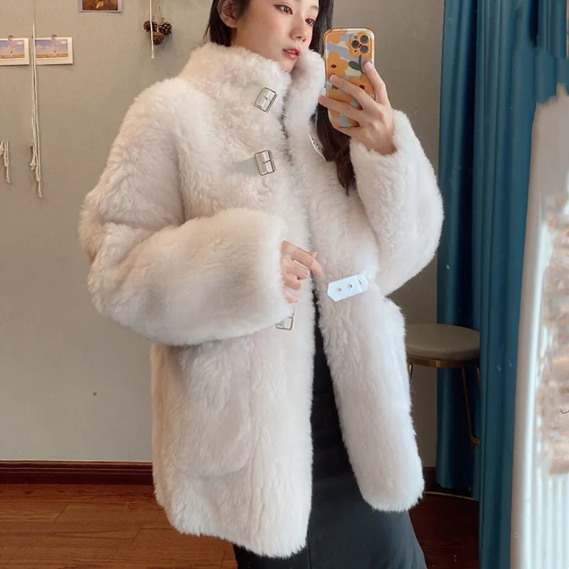 Natural Wool Coat Women Winter Warm Stand Collar Long Sleeve Fashion Luxury Office Ladies Elegant Real Sheep Fur Jacket Overcoat