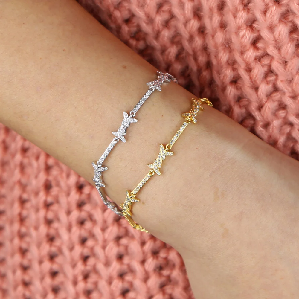 High Quality Clear CZ Barbed Wire Charm Link Chain Bracelet 15+4cm Adjusted Silver Color Delicate Fashion Jewelry For Women