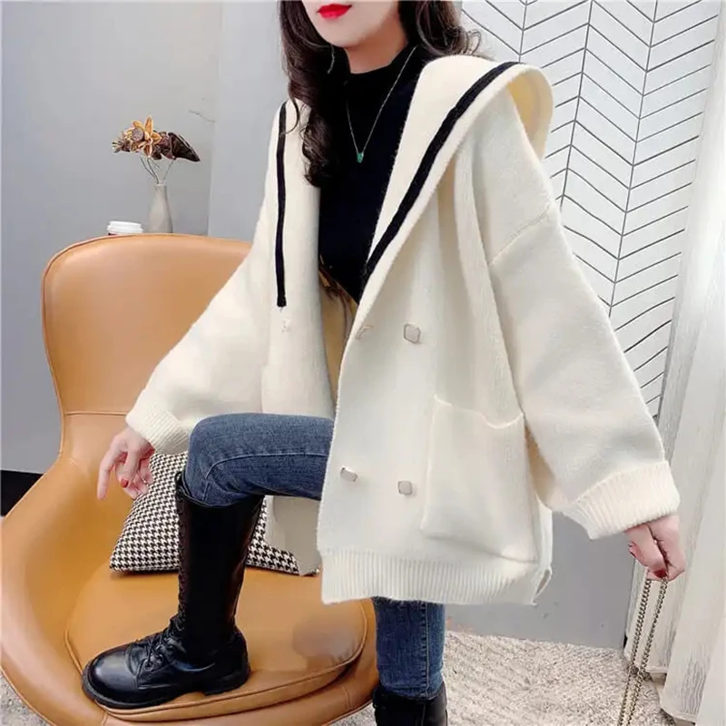 Autumn Winter Chic Sailor Collar Double Breasted Cardigan Sweater Fashion Solid Pocket Student Knitted Sweater Oversized Sweater