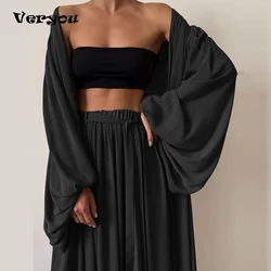 Women 3 Piece Sets Homewear Fashion Casual Lantern Sleeve Cardigan Tops+Wide Leg Pants Suits Lady Spring Soft Three Piece Outfit