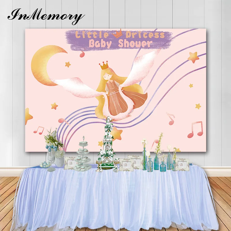 

InMemory Photocall Little Princess Backdrop Baby Girl Birthday Party Photographic Background Moon Stars Photo Booth Props 7X5FT