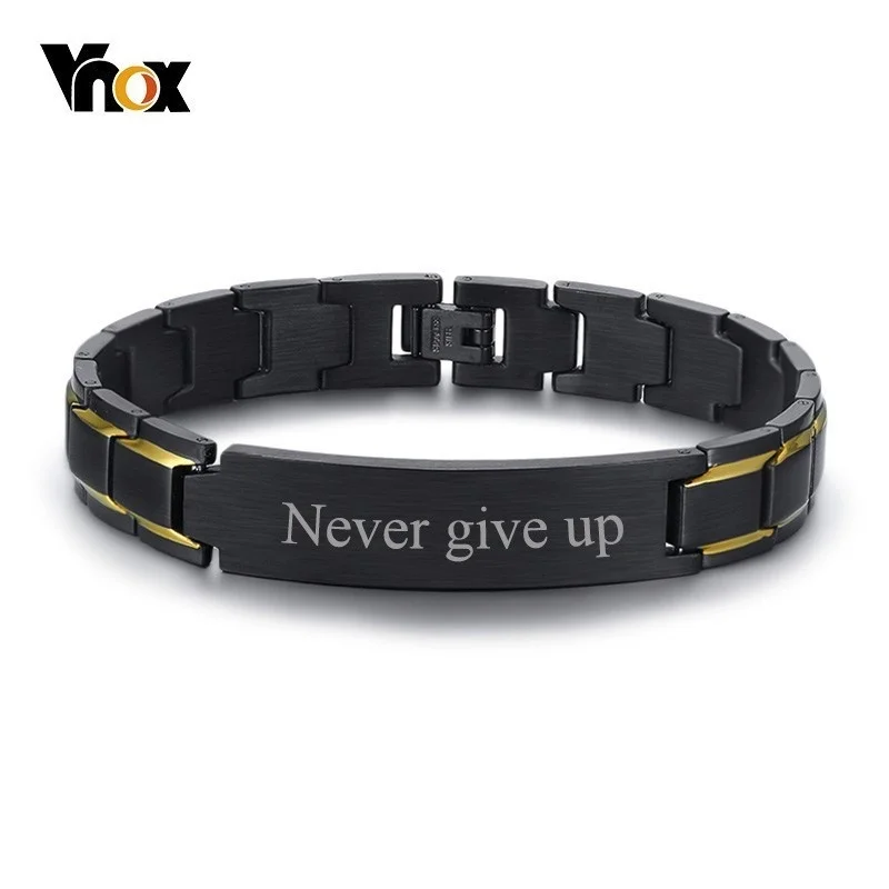 Vnox Free Customize Engrave Name Words ID Bracelets for Men Black Stainless Steel Link Chain Custom Male Jewlery Gift