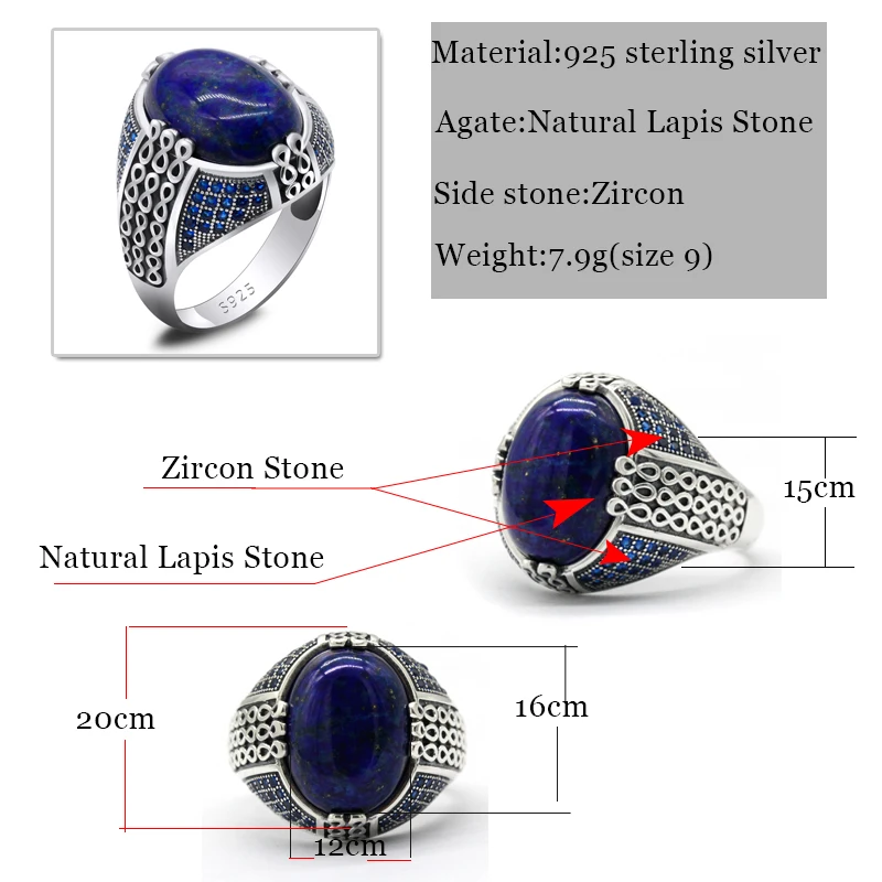 Lapis Lazuli Stone for Men 925 Sterling Silver Blue Stone Vintage Stripe Ring Turkish Thai Silver Jewelry for Male Women Gift