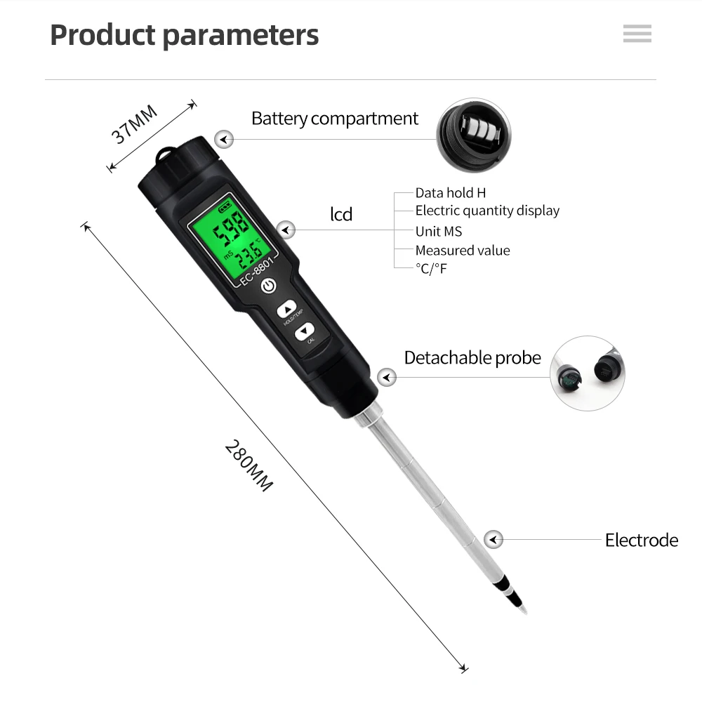 Digital EC/Temp Soil Tester 0.00~10.00mS/cm Conductivity Meter Waterproof Sensor Earth Analyzer with ATC Planting Garden Outdoor