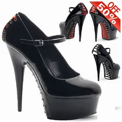 Lace Up Thick platform Shallow Women's Pumps 6 inches Nightclub Pole Dance Baking paint 15cm Super High heeled shoes Mature Sexy