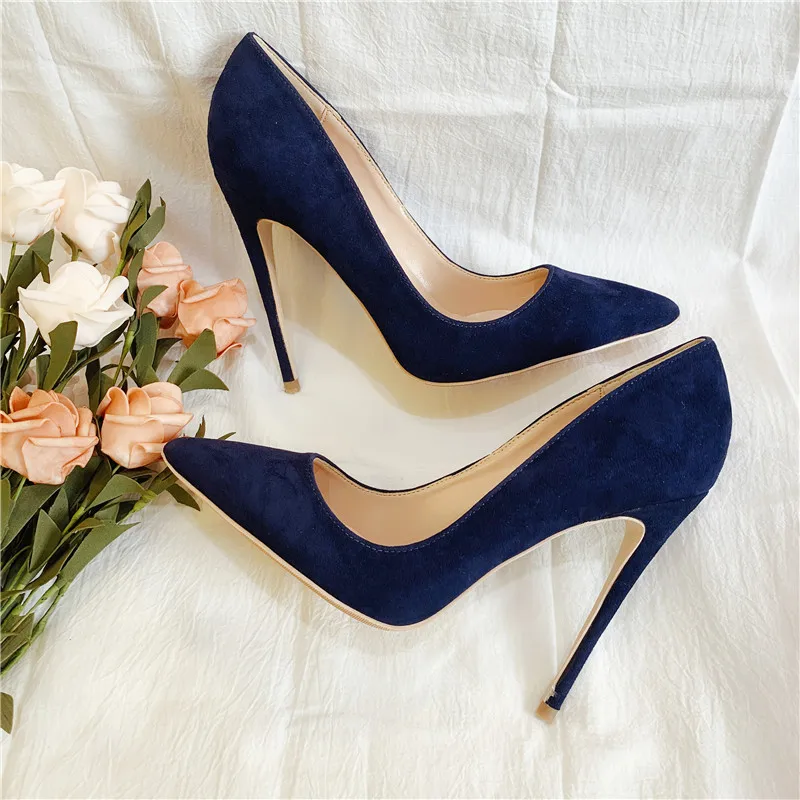 Navy Blue Suede Leather Poined Toe Pumps Stiletto High Heel Slip-On Banquet Shoes Woman Thin Heels Lady Dress Party High Heels