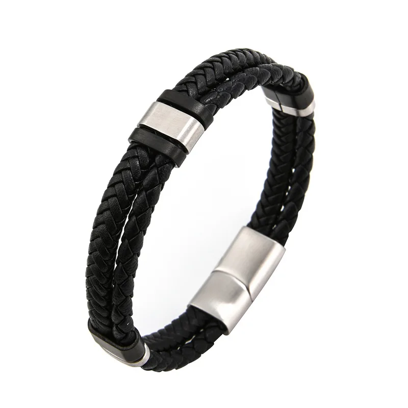 2020 Punk Bracelet Hand Weave Black Leather Stainless Steel Magnetic Bangles Men's Bracelets Friendship Gift