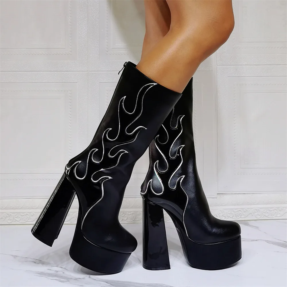 Kolnoo New Handmade Ladies Thick Heel Boots Real Pictures Xmas Party Prom Mid-calf Boots Evening Night-Club Fashion Black Shoes