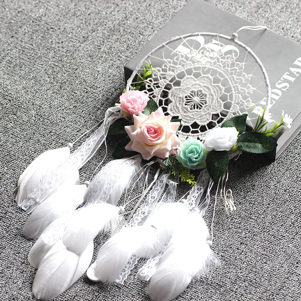 Top Quality Lace Handmade Dream Catchers Feather Boho Dreamcatcher With Artificial Flowers Wall Hanging Wedding Decoration Craft