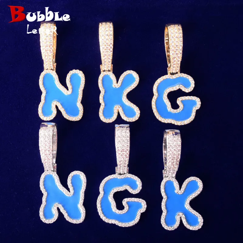 Solid Back Single Blue oil Bubble Letters Pendant Necklaces For Men Women Gold Color AAAA Cubic Zircon Hip Hop Jewelry