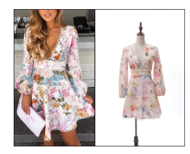 Printed Linen Dress Heather Flounce Short Dress  Bohemian Beach Resort Deep V-neck Puff Sleeve Flare Dress