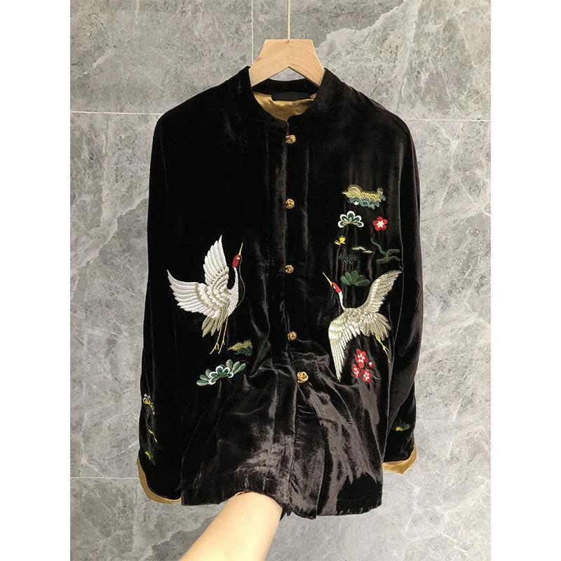 

Embroidery Black Coat Women Chinese Style Fashion Autumn Winter Loose Casual Jackets Tops Ethnic Harajuku Vintage Clothes Female