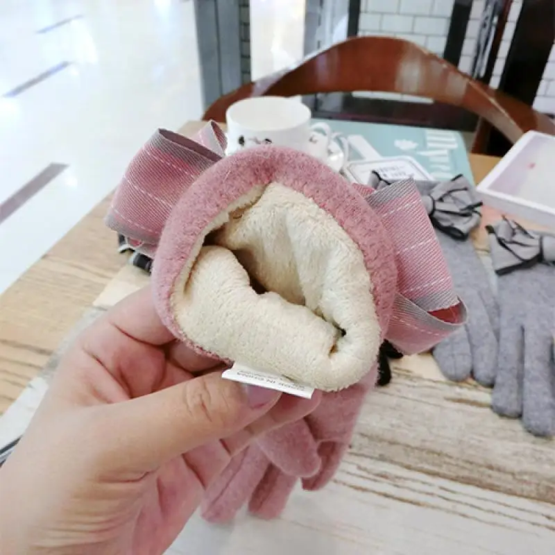 Sọc Nơ Găng Tay Dạ Cashmere Hàn Quốc Nữ Găng Tay Da Thời Trang Dễ Thương Màn Hình Cảm Ứng 5 Ngón Tay Cashmere Ấm Găng Tay Nữ A431