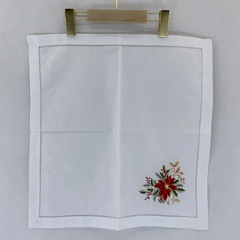 12 PCS Dinner Napkins white Hemstitched linen Table Napkin with Color Embroidered Floral Wedding Napkins