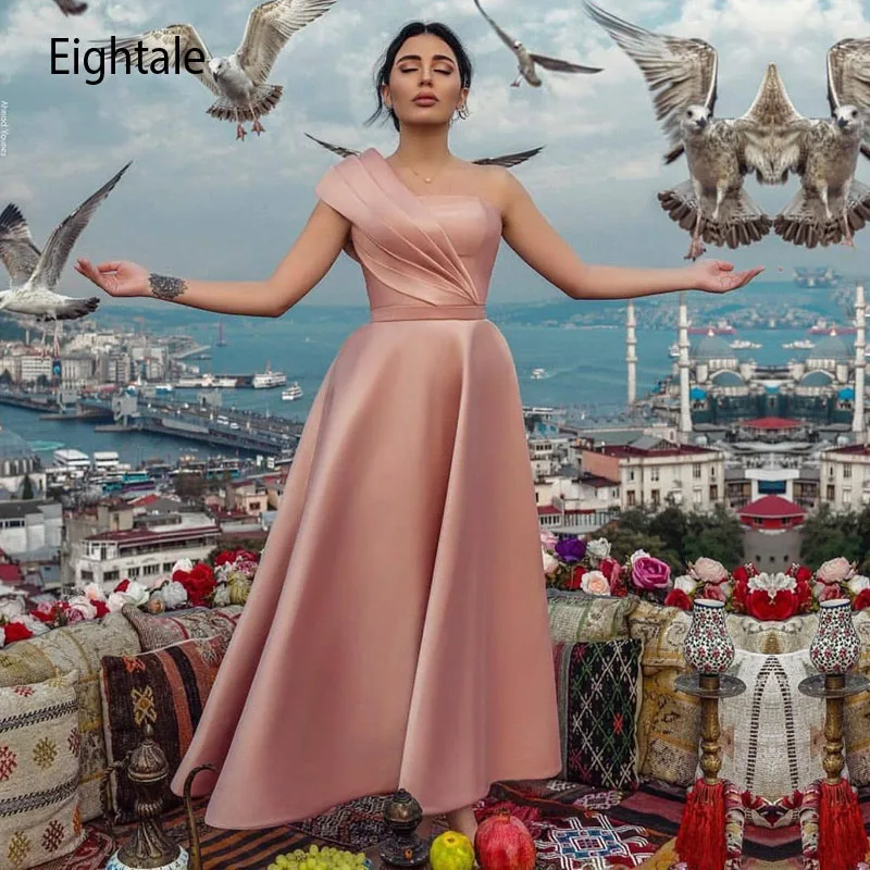 

Eightale Dusty Pink Prom Dresses 2021 One Shoulder Satin A-Line Tea Length Party Dress for Graduation Evening Gown abendkleider