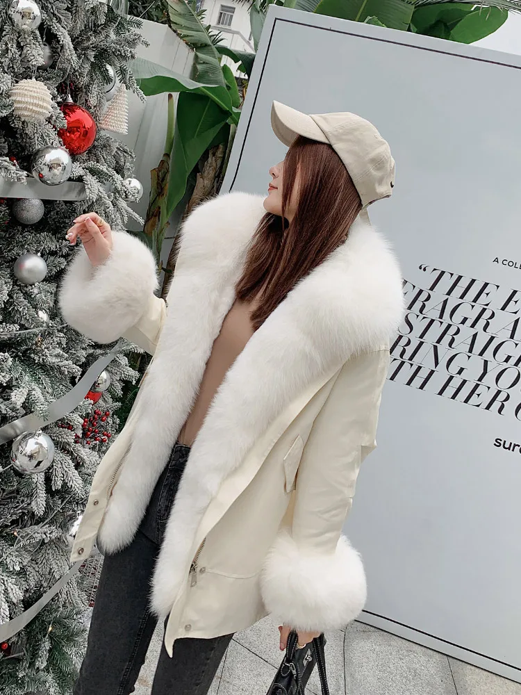 MENINA BONITA 2022 Winter Women Fashion Parkas Natural Fox Fur Collar Real Rex Rabbit Fur Liner Loose Warm Outerwear Streetwear