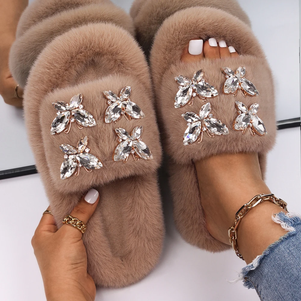 Winter Women Flat Slippers Faux Fur Female Shoes Bling Crystal Rhinestone Butterfly Indoor Slide Winter Casual Fluffy Flip Flops