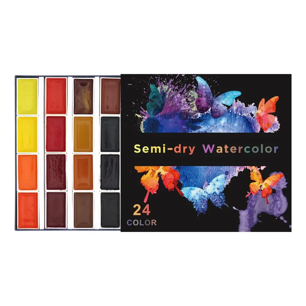 SeamiArt 24Color Semi-dry Watercolor Paint Set Water Color Pigment for Artist Painting Gifts Box Art Supplies