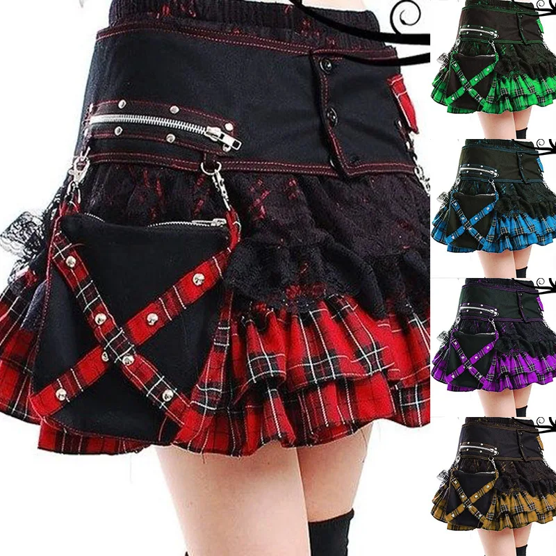 

Gothic Plaid Mini Skirt Women Vintage Lace Up High Waist Draped A-Line Pleated Skirts Casual Plus Size Women's Cloth Jupe Femme