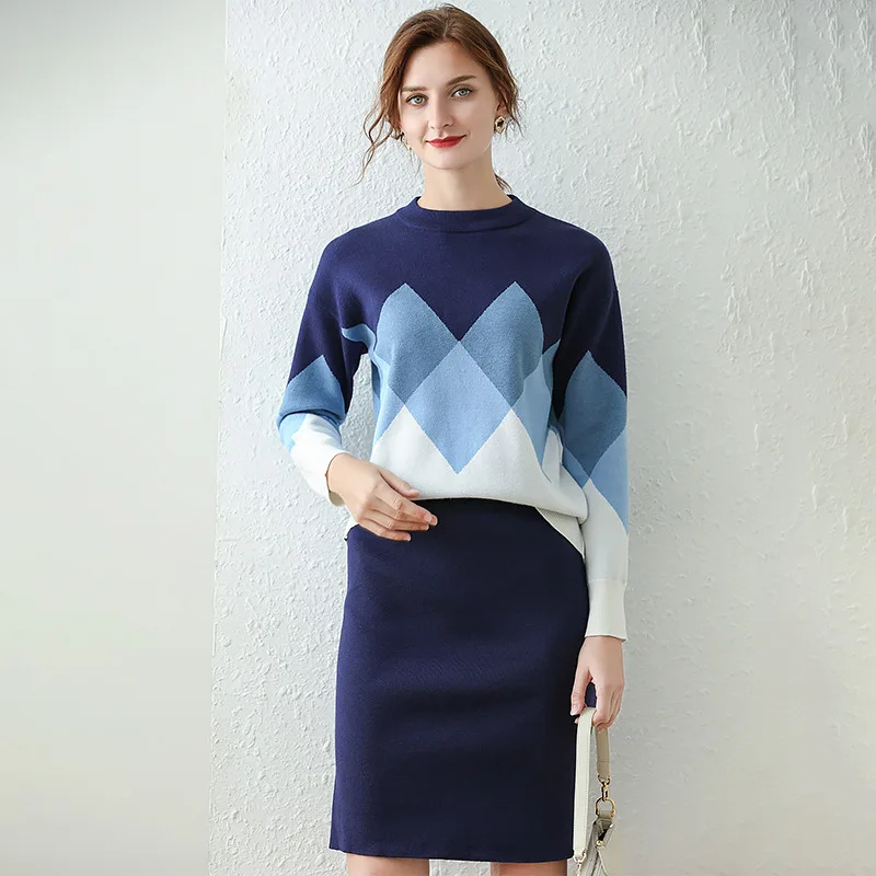 

Women's Sweater Sets Patchwork Diamond Pattern O-Neck Full Length Sleeves Knitted Pullover Elastic Waist Knee-Length Skirt