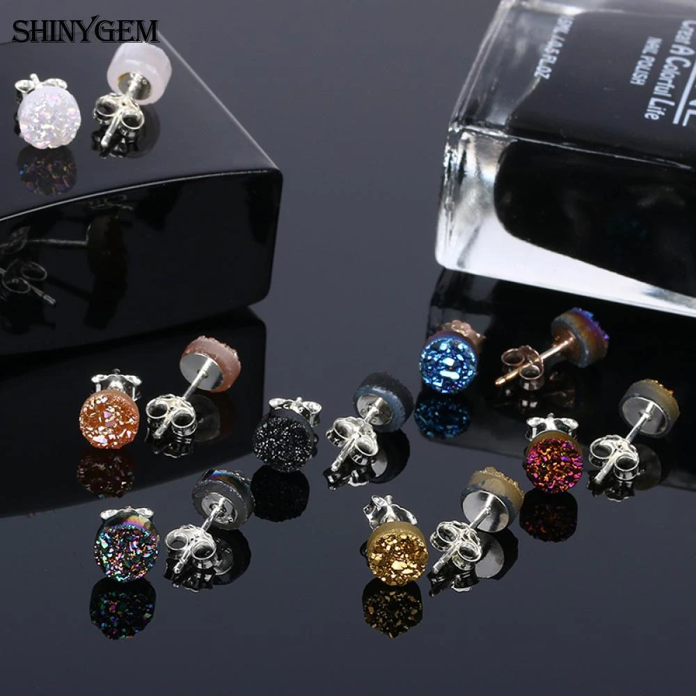 ShinyGem Trendy Sparkling Natural Opal Druzy Gem Stone Stud Earrings Round Mineral 6mm Small Size Lovely Earrings For Women Gift