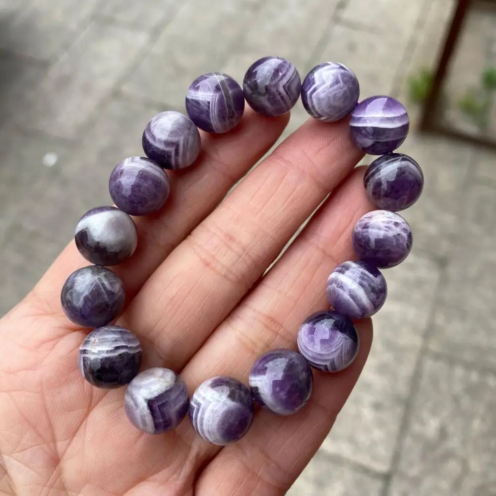 

Rare Semi-Precious Stone Unique Natural Healing Power Quartz Stretch Elastic Bracelet 12mm Dream Stripe Amethysts Bracelet