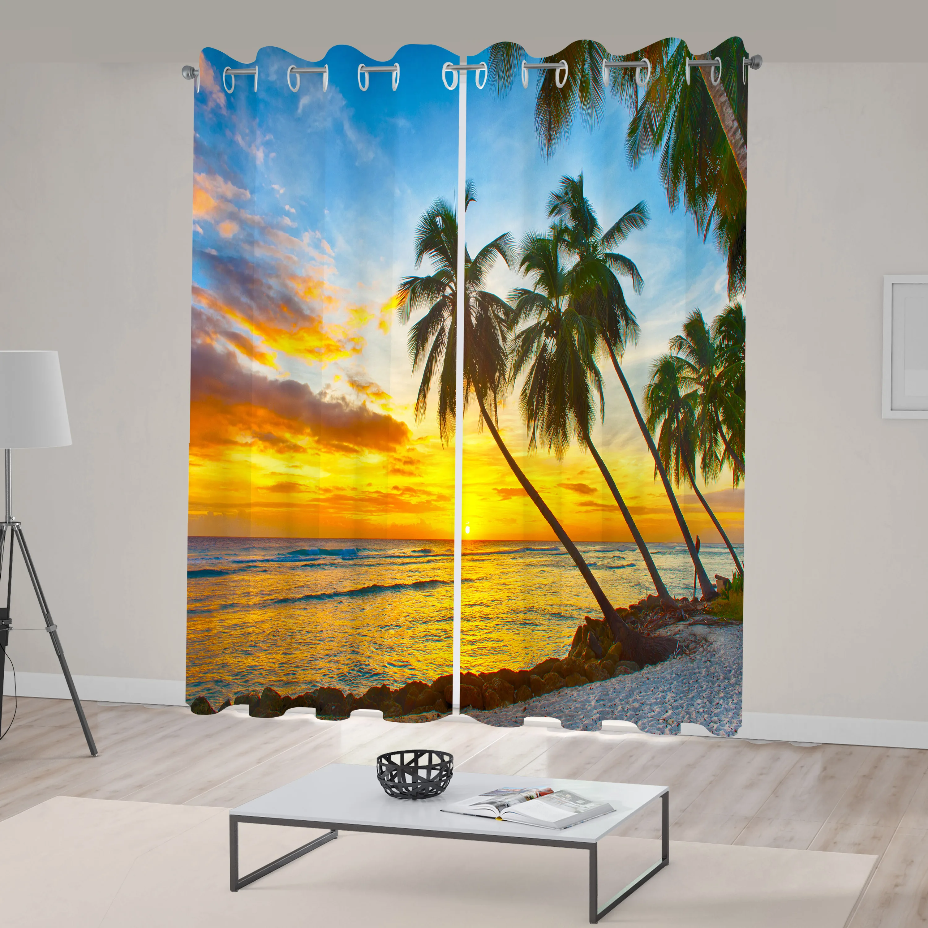 Ocean Curtains Fairy Sunset Over Sea The Palms on The Beach at a Caribbean Island in Barbados Living Room Bedroom Window Drapes