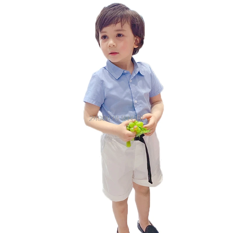 

Kids Blue Shirt + White Shorts 2Pcs Clothing Set Flower Boys Formal Birthday Dress School Kids Birthday Gift Dance Suit