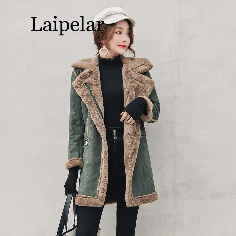 Winter Long Faux Suede Leather Jacket Women  Female Green Faux Fur Lined Suede Jacket Woman Coat Large Windbreaker