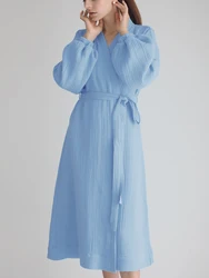 Linad Solid Color Sleepwear Women's Robe Puff Sleeves Bathrobe Female Nightwear Cotton Robes Women Home Wear Spring Loungewear