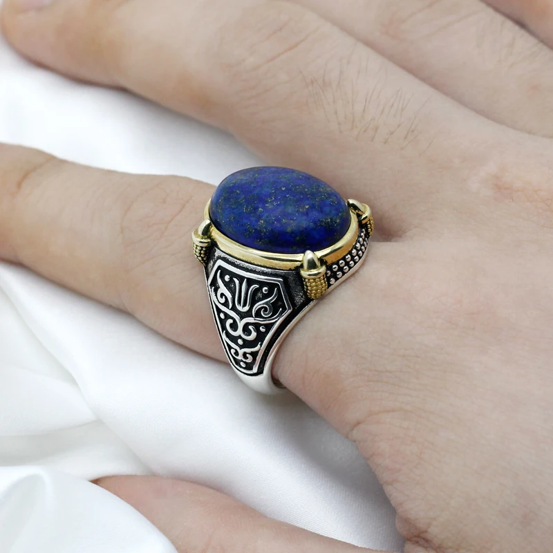 Real Pure 925 Silver Male Rings Claw Signet Rings Blue Natural Lapis Stone Hancrafted Rings for Men Fashion Wedding Jewelry Gift