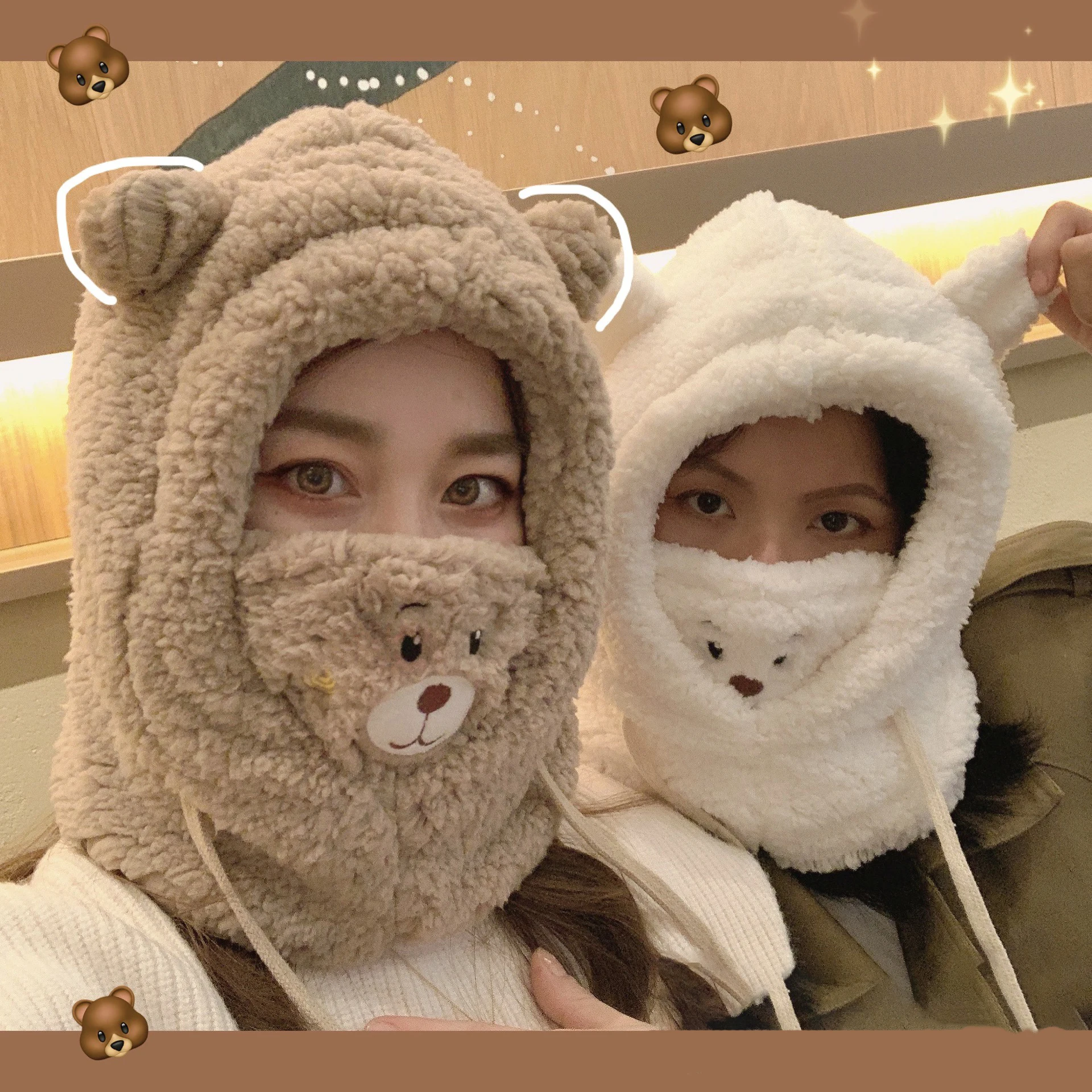 

Winter Cute Cartoon Bear Lamb Plush Warm Solid Panda Caps Scarf Set Mask Thickened Protection Ear Hat Women Girl New Year Gift