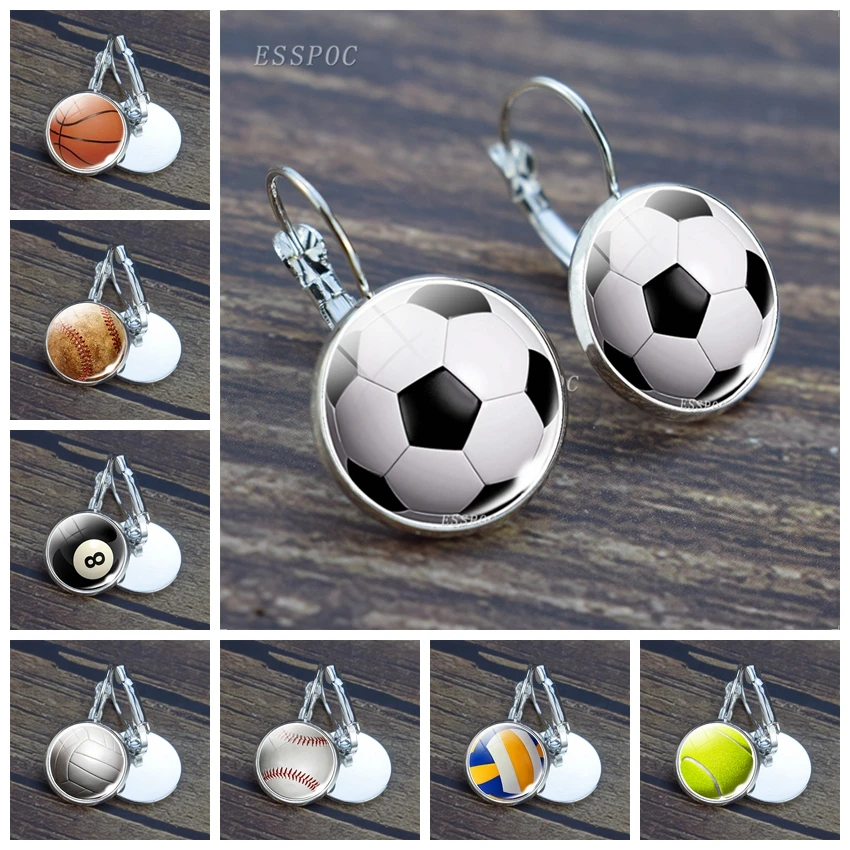 Fashion Ball Sports Tennis Football Basketball Hook Earrings Soccer Volleyball Glass Cabochon Jewelry Earring Girl Women Gifts