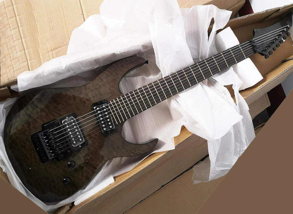 7 Strings Transparent Black Electric GUitar with Tremolo Bar,Rosewood Fretboard with 24 Frets